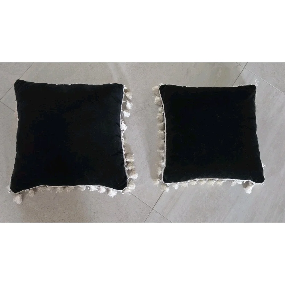 Set 2 Black Velvet Throw Pillows Tassel Fringe Gothic Romantic Dark Boho Chic